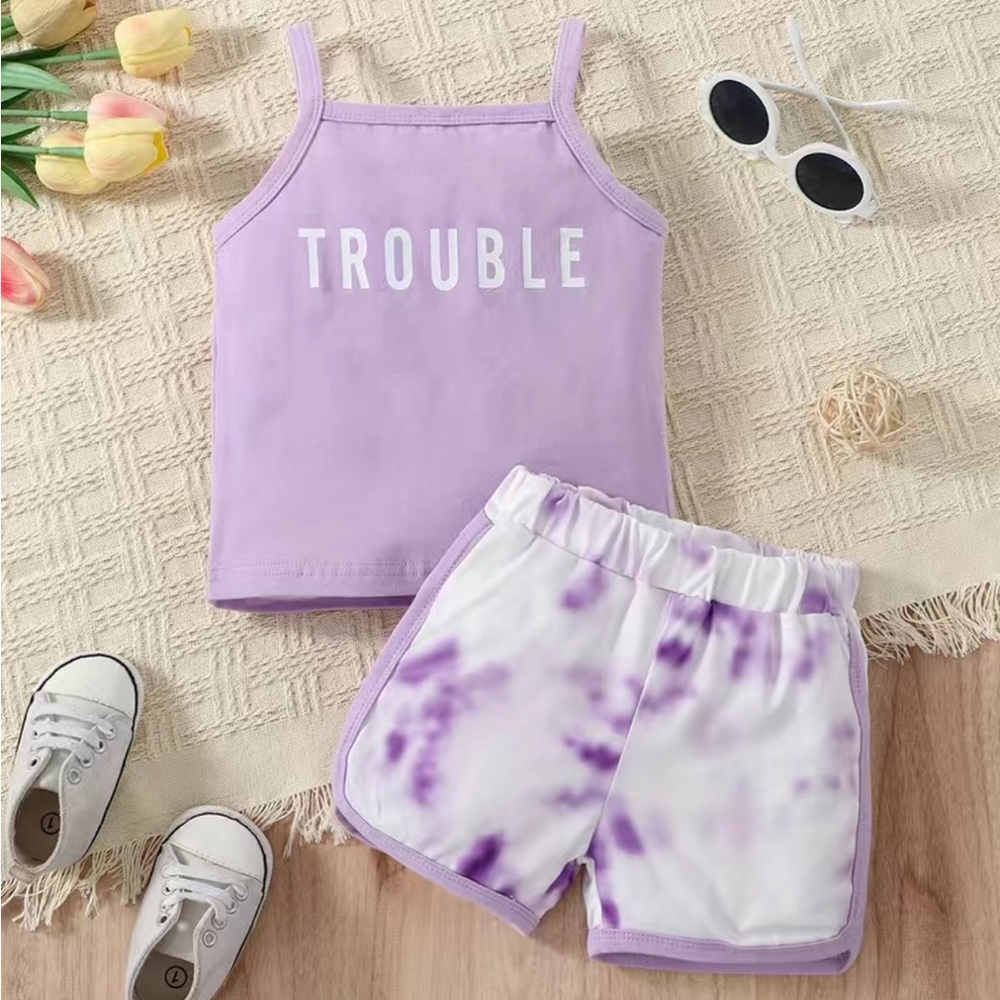 Purple and White 2 Pcs Trouble Shorts Set
